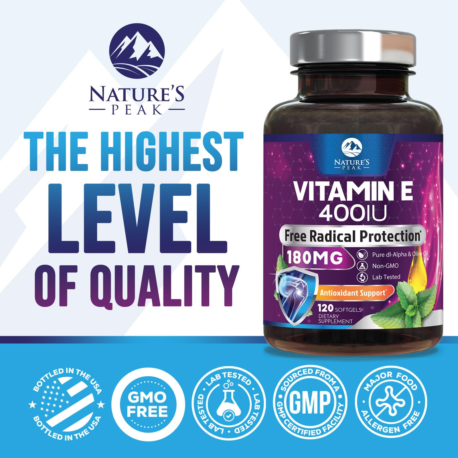 Pouring Nature's Peak Vitamin E softgels from the bottle