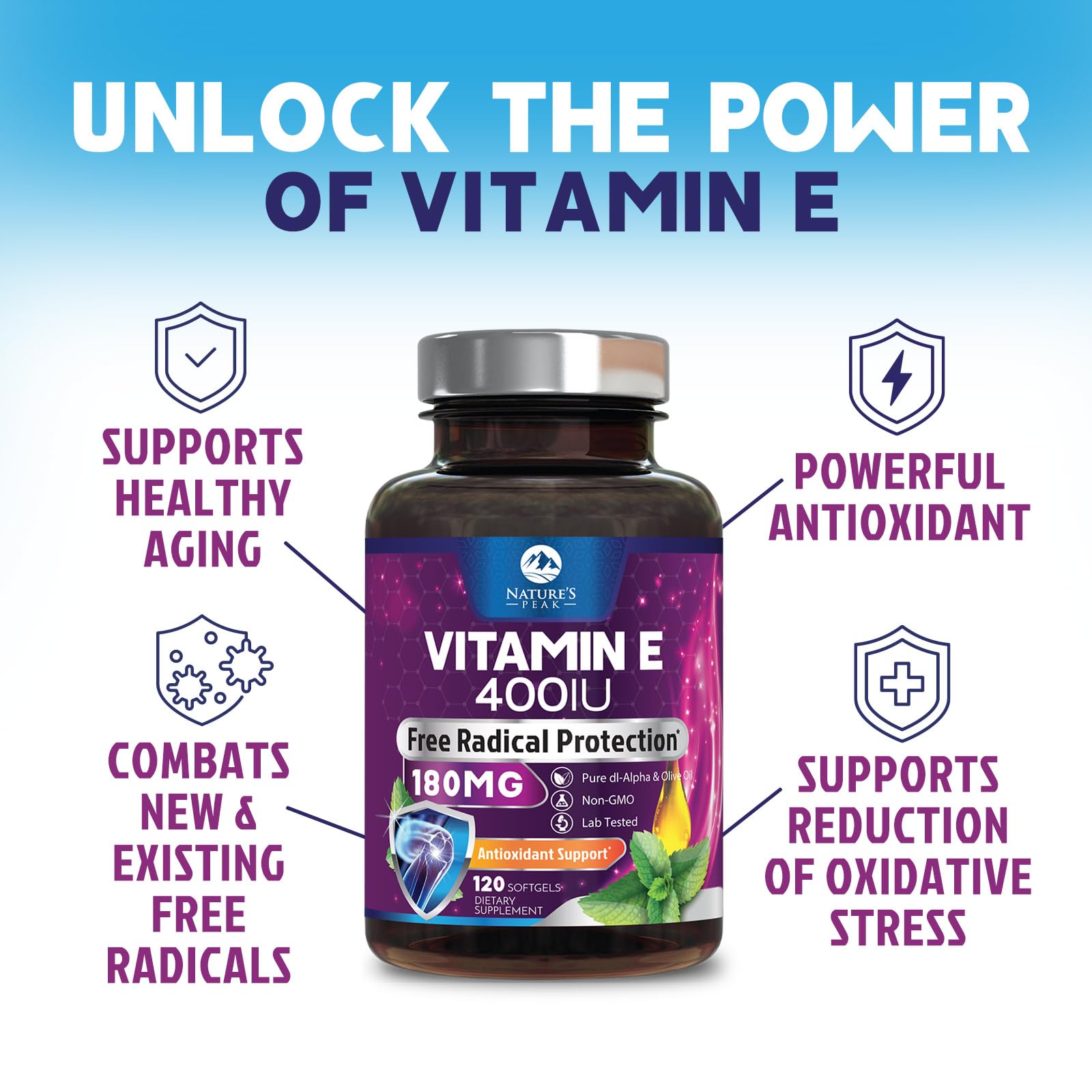 Nature's Peak Vitamin E softgels highlight skin health potential