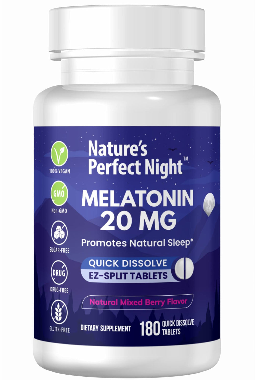 Nature's Perfect Night melatonin 20mg tablets in bottle for convenient nightly use.