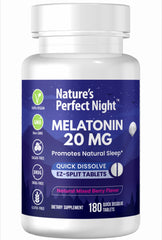 Nature's Perfect Night melatonin 20mg tablets in bottle for convenient nightly use.