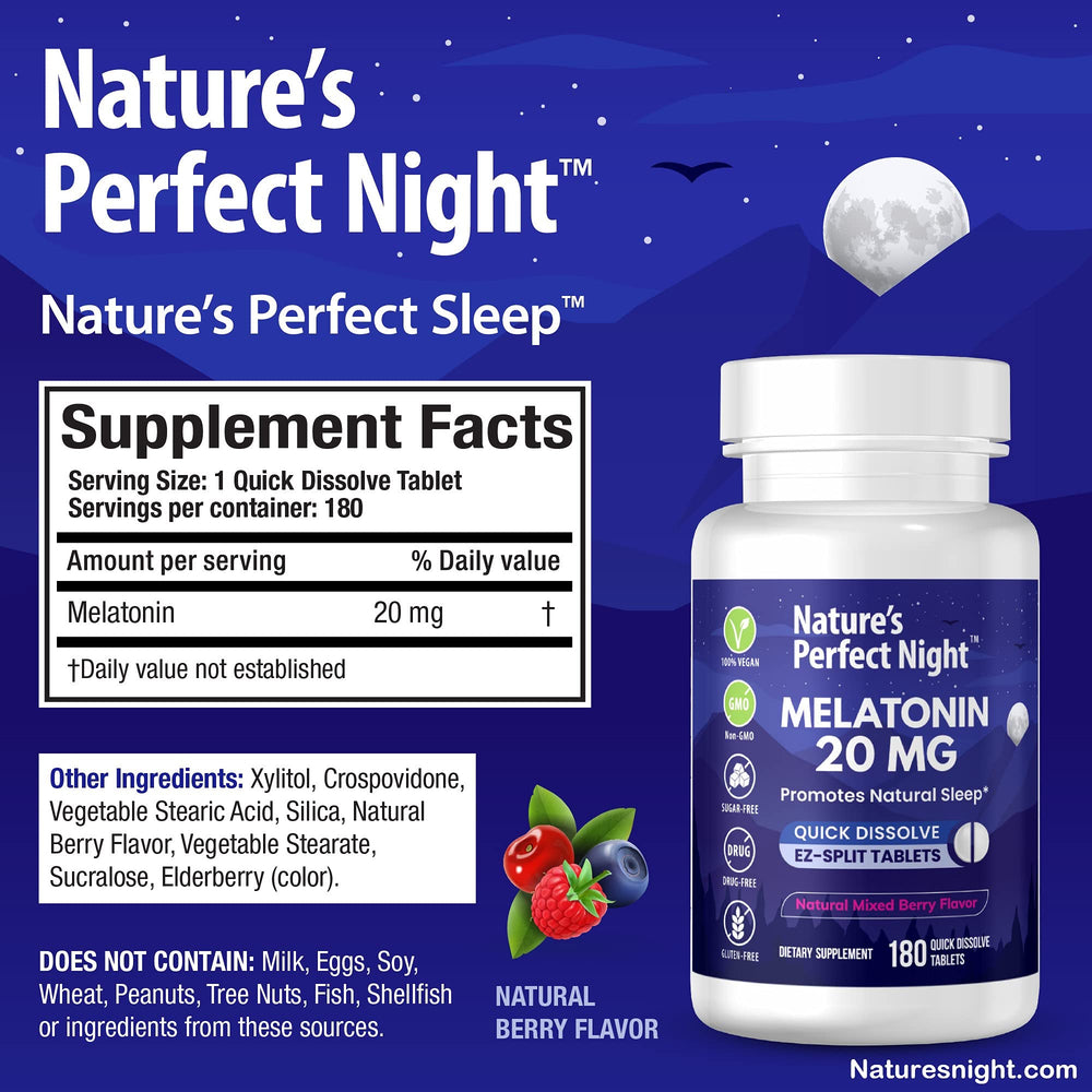 Nature's Perfect Night berry-flavored melatonin tablet ready for nightly routine.