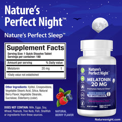 Nature's Perfect Night berry-flavored melatonin tablet ready for nightly routine.