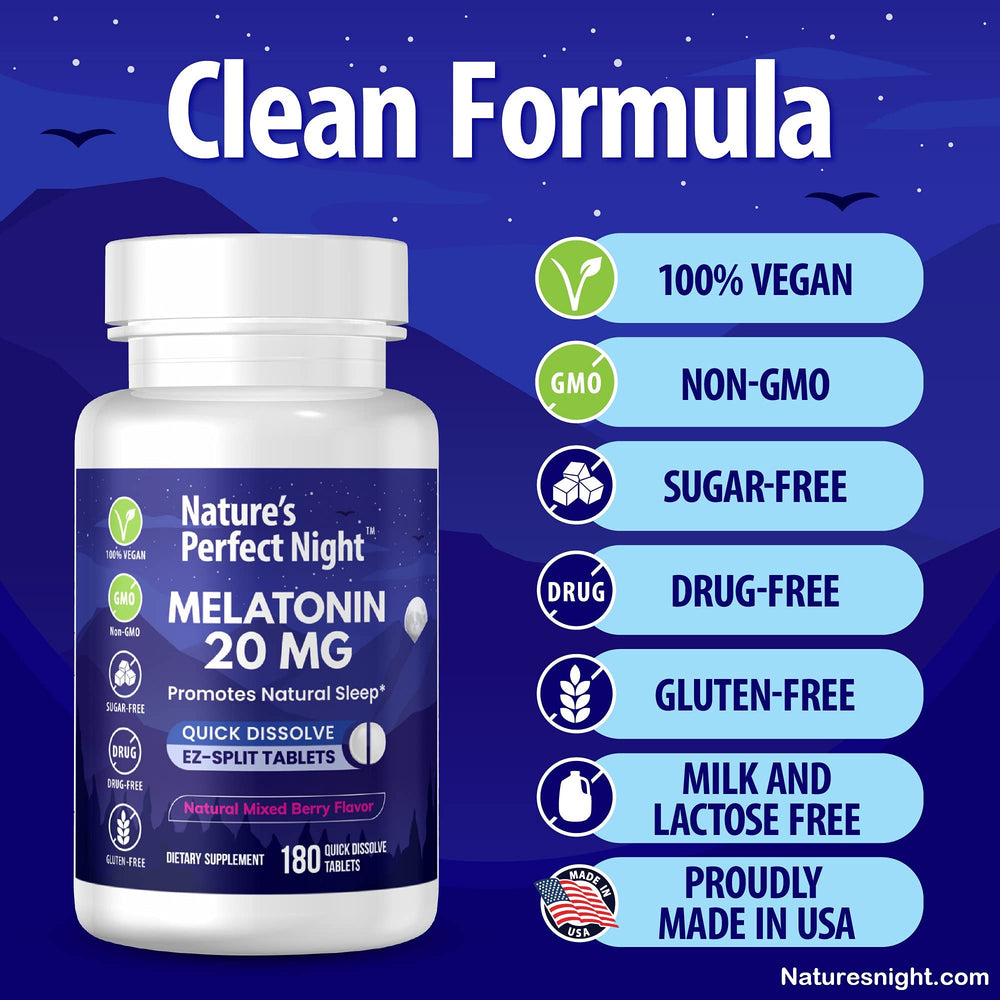 Nature's Perfect Night vegan gluten-free melatonin with clean label in bottle.