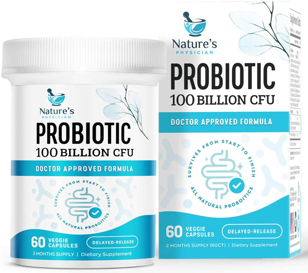 Nature's Physician Probiotics bottle front displaying high-potency 100B CFU for gut health