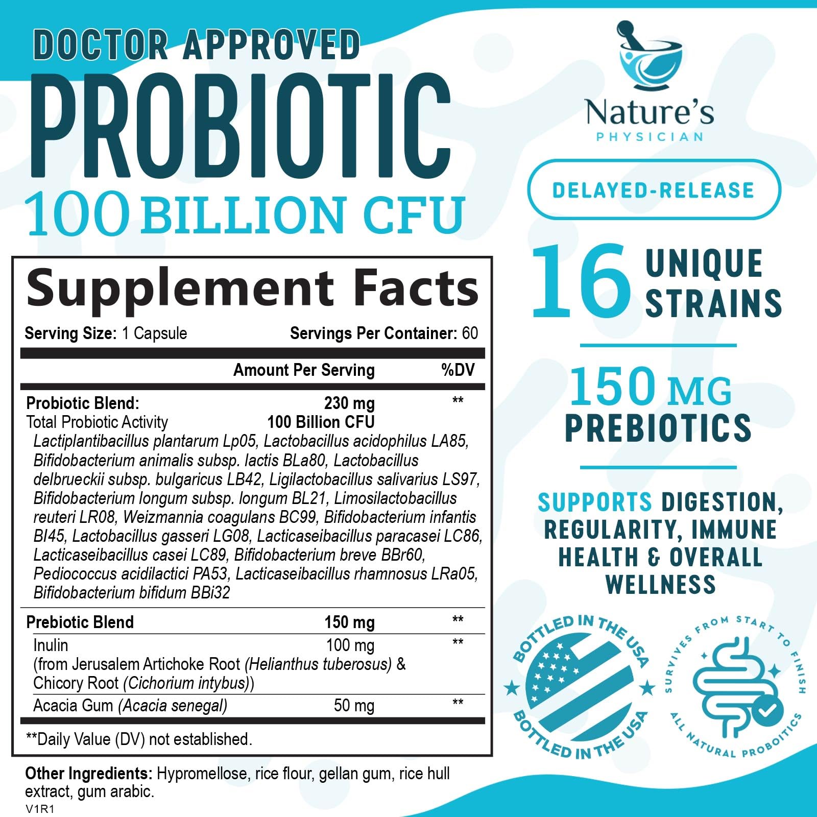 Nature's Physician Probiotics capsules closeup highlighting 16 strains for diverse gut support