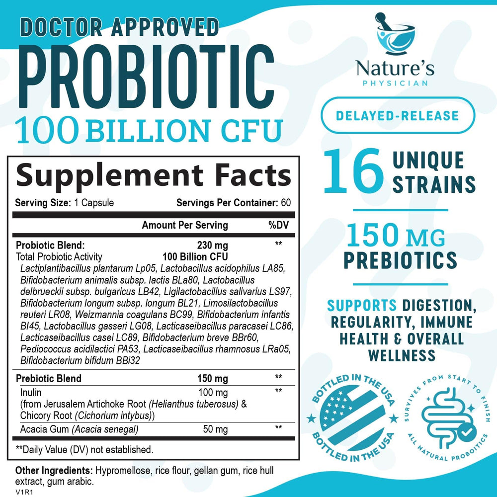 Nature's Physician Probiotics capsules closeup highlighting 16 strains for diverse gut support