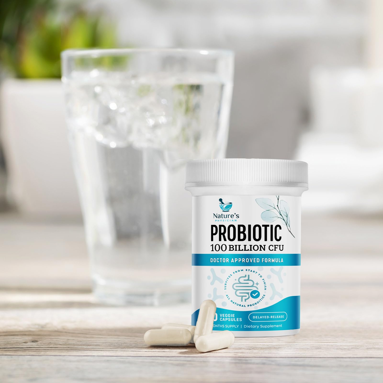 Nature's Physician Probiotics bottle with glass of water illustrating easy intake