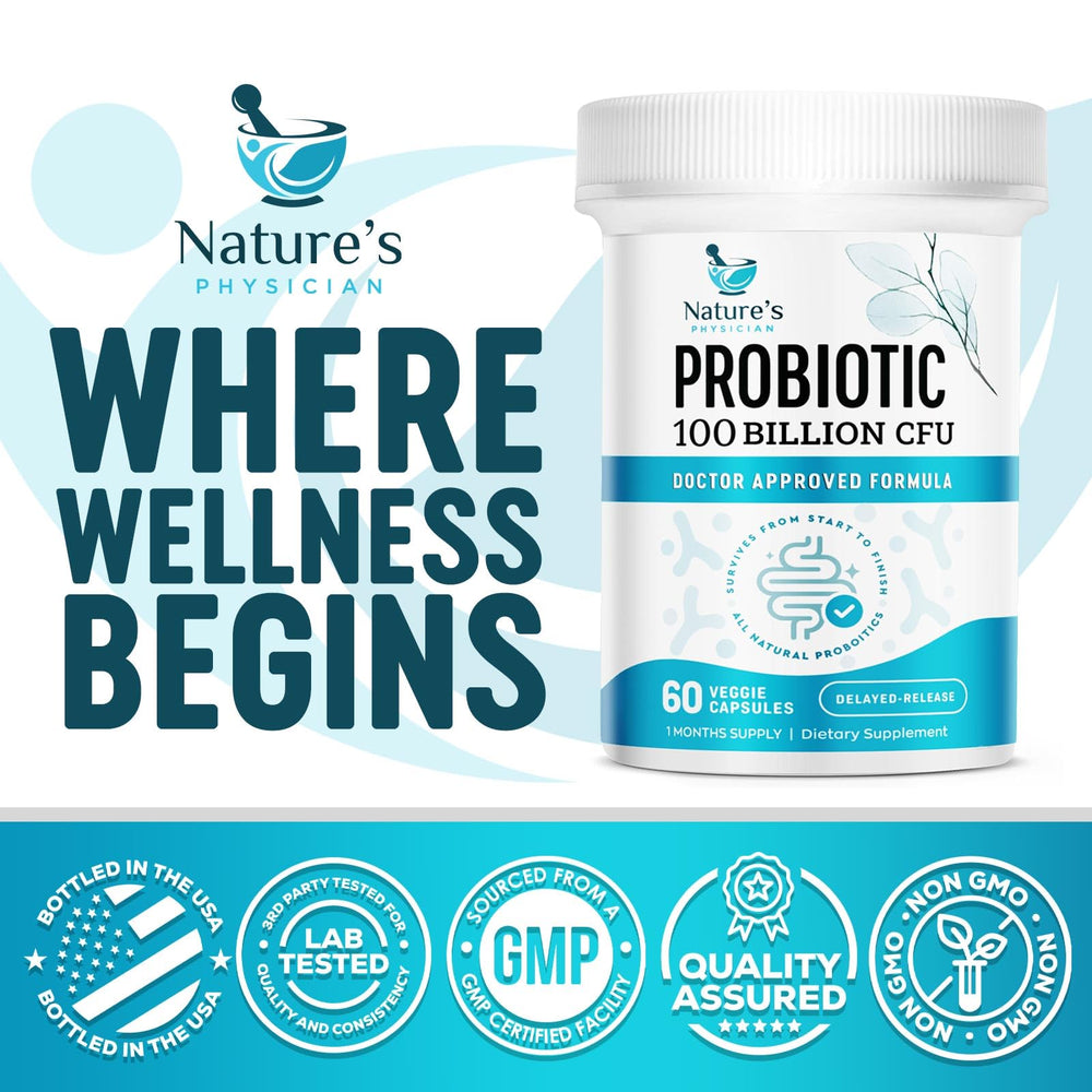 Nature's Physician Probiotics label detail emphasizing vegan and shelf-stable formula