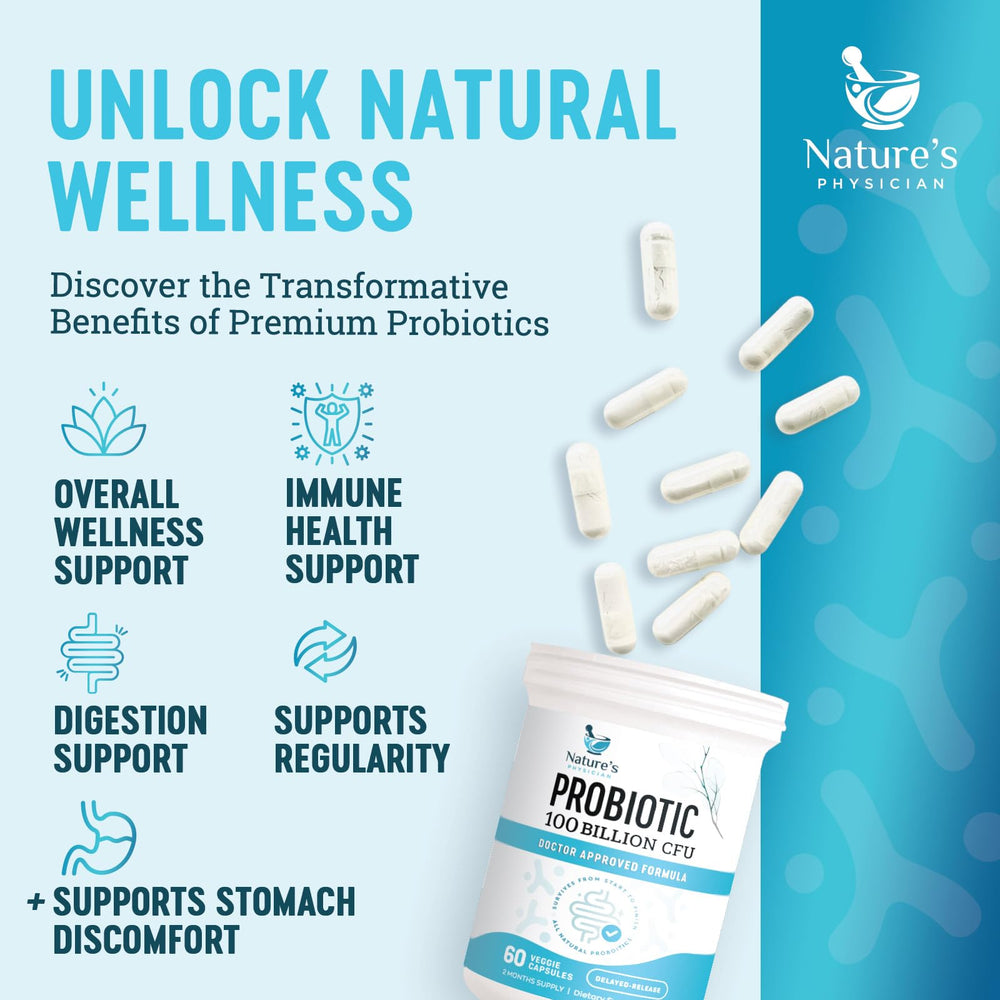 Nature's Physician Probiotics packaging box illustrating travel-friendly probiotic solution
