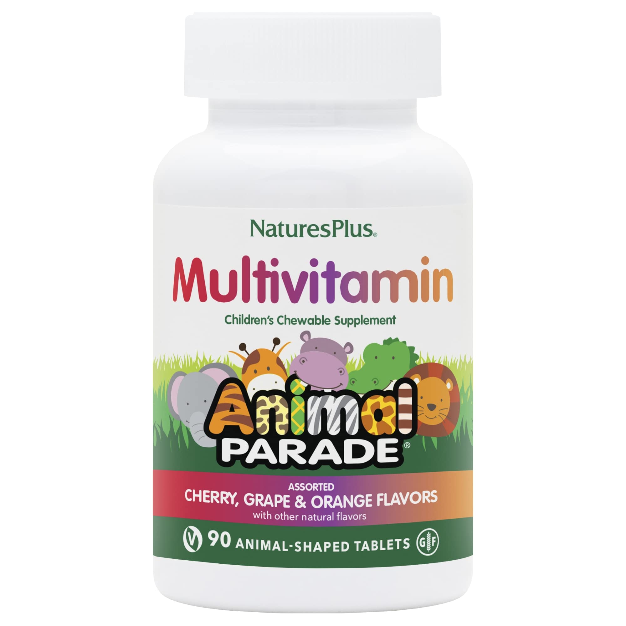 Natures Plus Animal Parade chewables in fun animal shapes for kid-friendly daily nutrition.