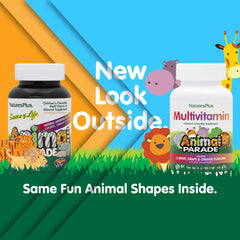 Natures Plus Animal Parade with natural cherry, orange, and grape flavors for kids.