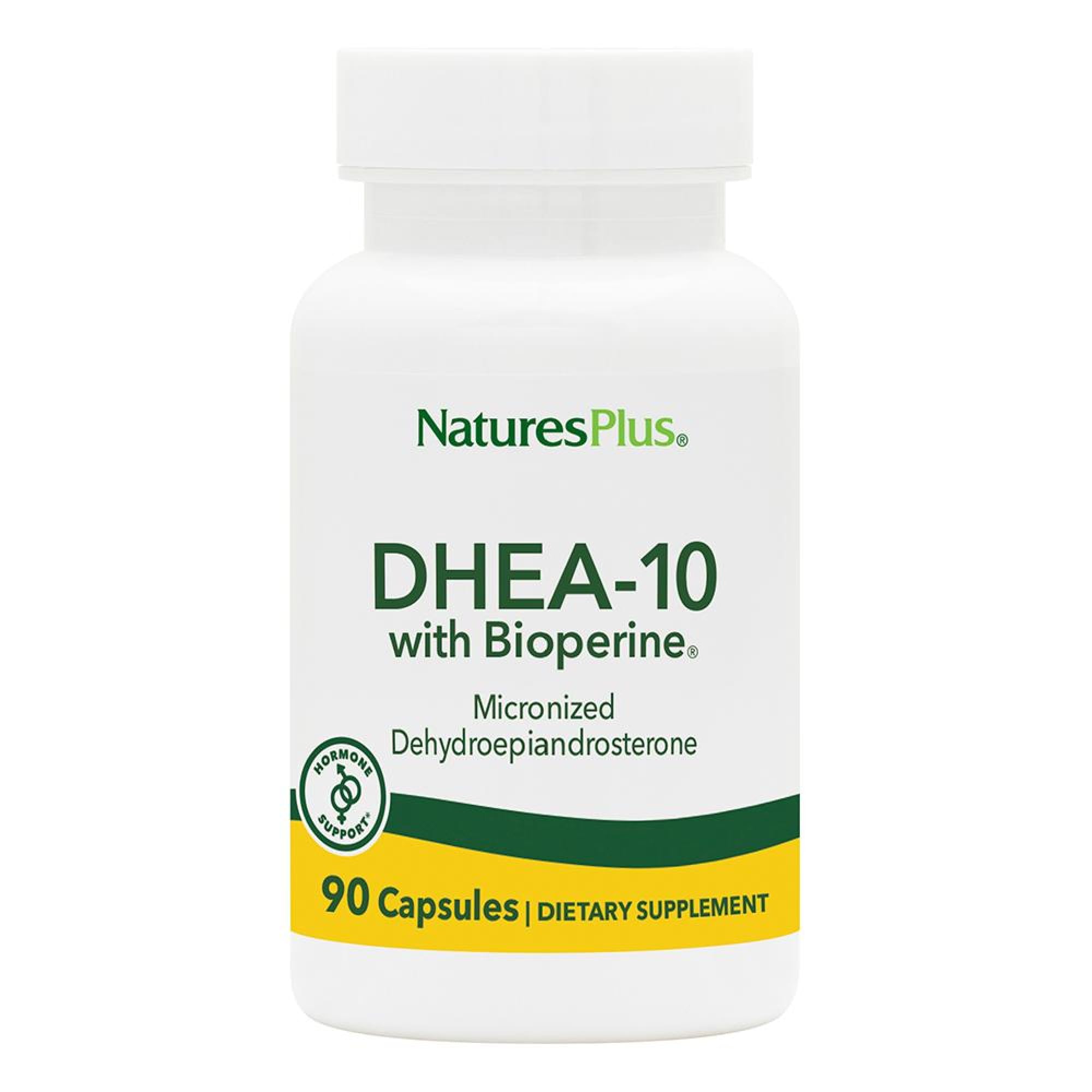 Natures Plus DHEA 10 bottle front with Bioperine, 90 gluten-free vegetarian capsules for daily use.