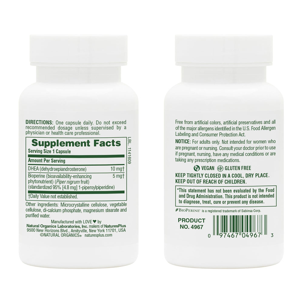 Natures Plus DHEA 10 capsules closeup highlighting vegetarian formula for daily, convenient use.