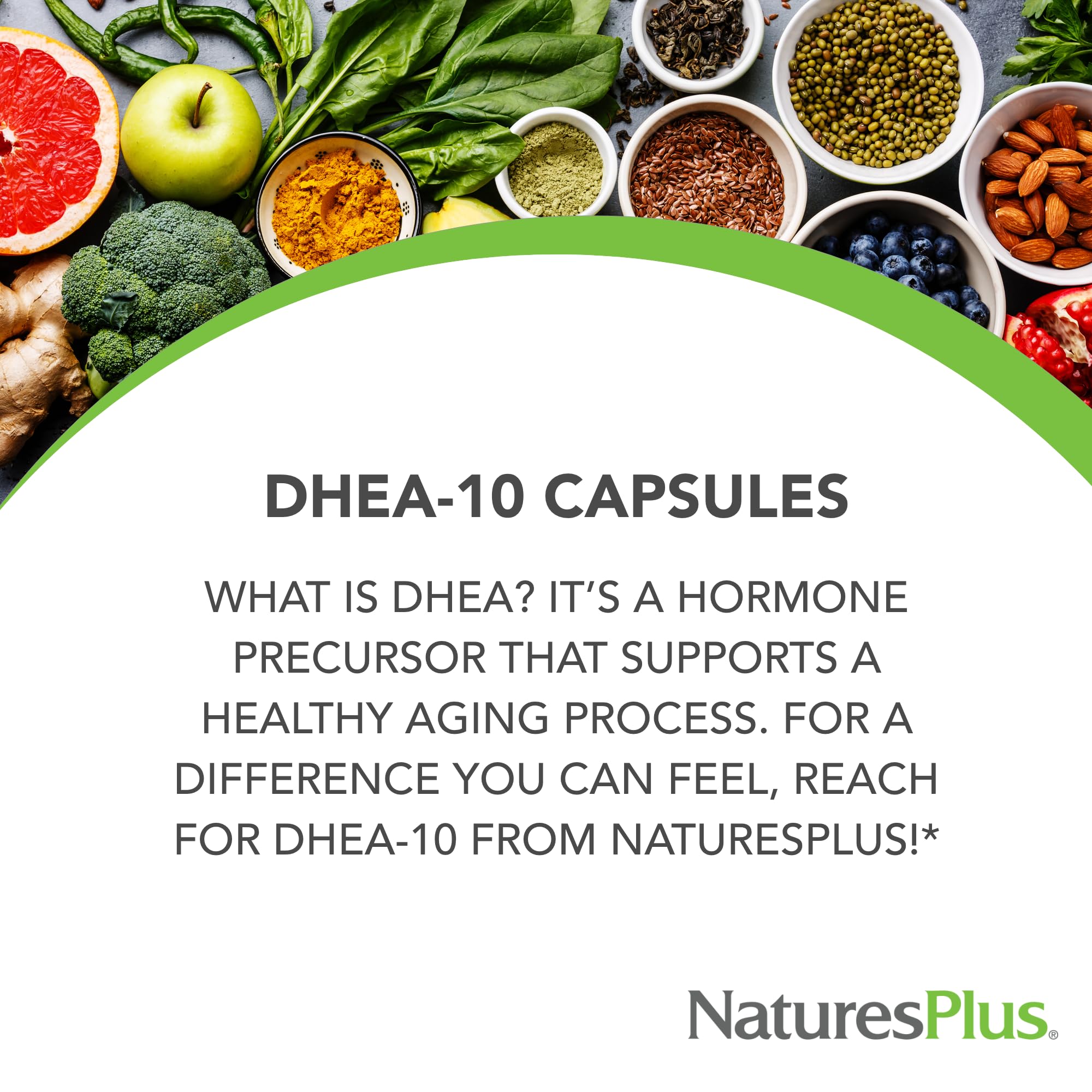 Natures Plus DHEA 10 gluten-free seal on bottle communicates allergen-friendly daily supplement.