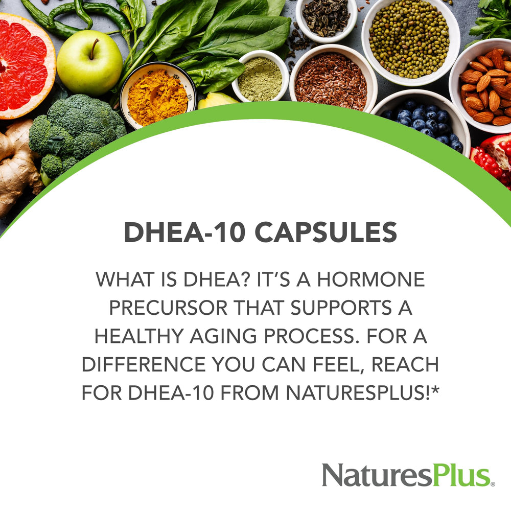 Natures Plus DHEA 10 gluten-free seal on bottle communicates allergen-friendly daily supplement.