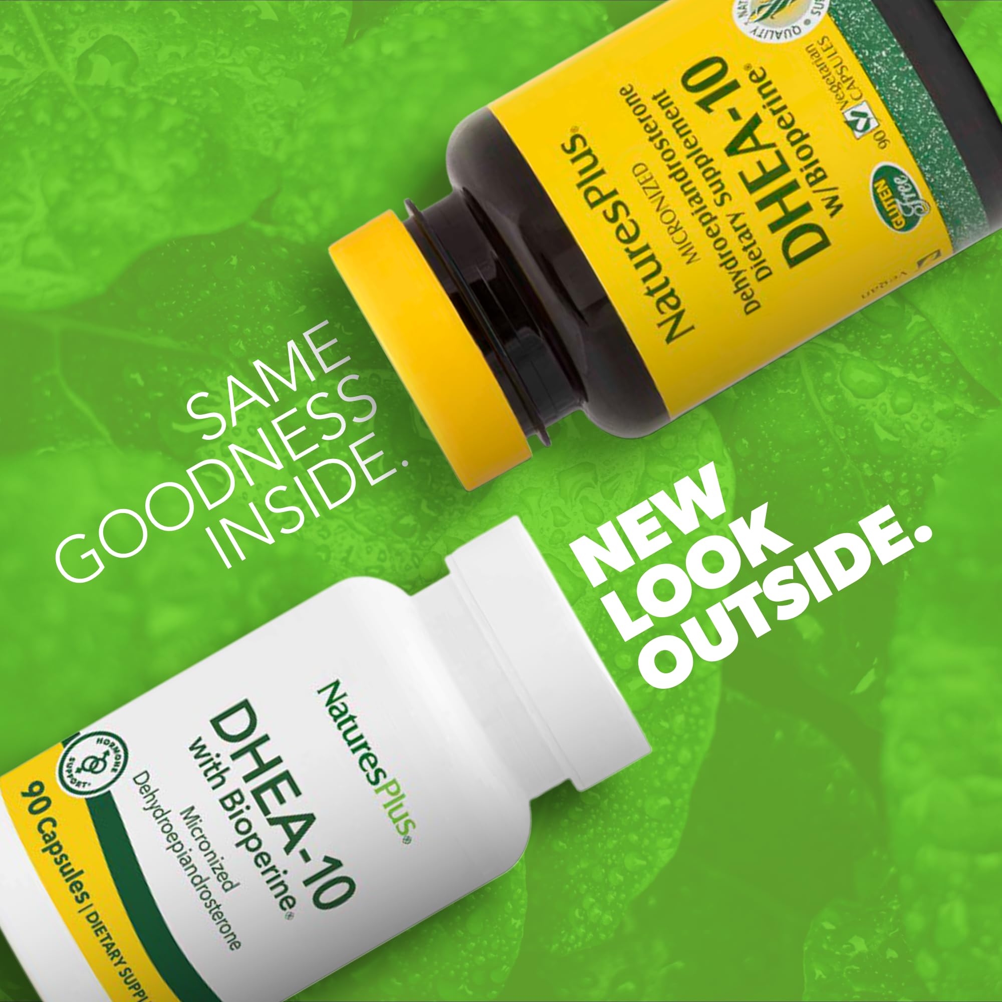 Natures Plus DHEA 10 label Bioperine closeup emphasizes 10 mg potency and absorption support.