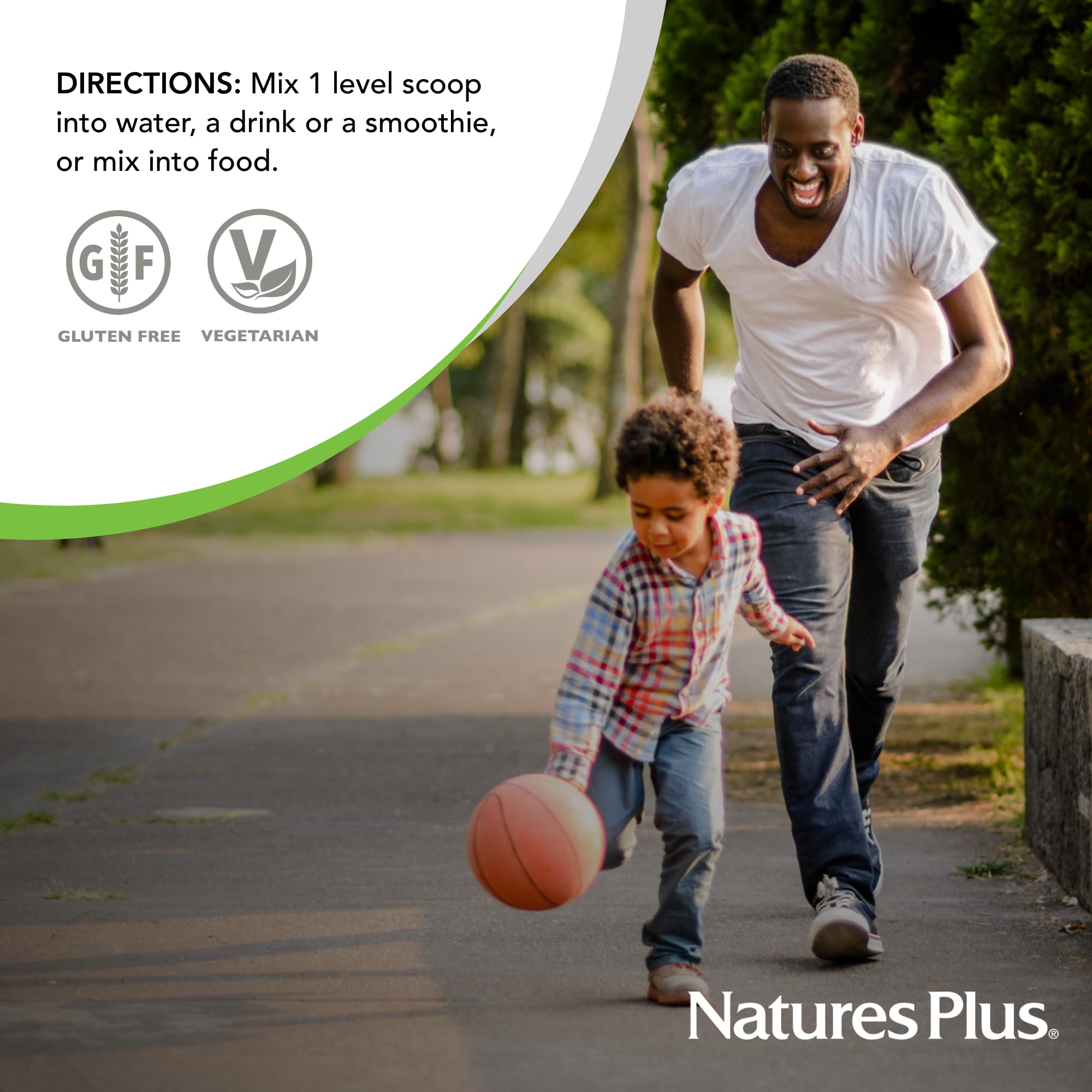 Jar of Nature's Plus GI Natural Drink Powder on counter, gluten-free and vegetarian