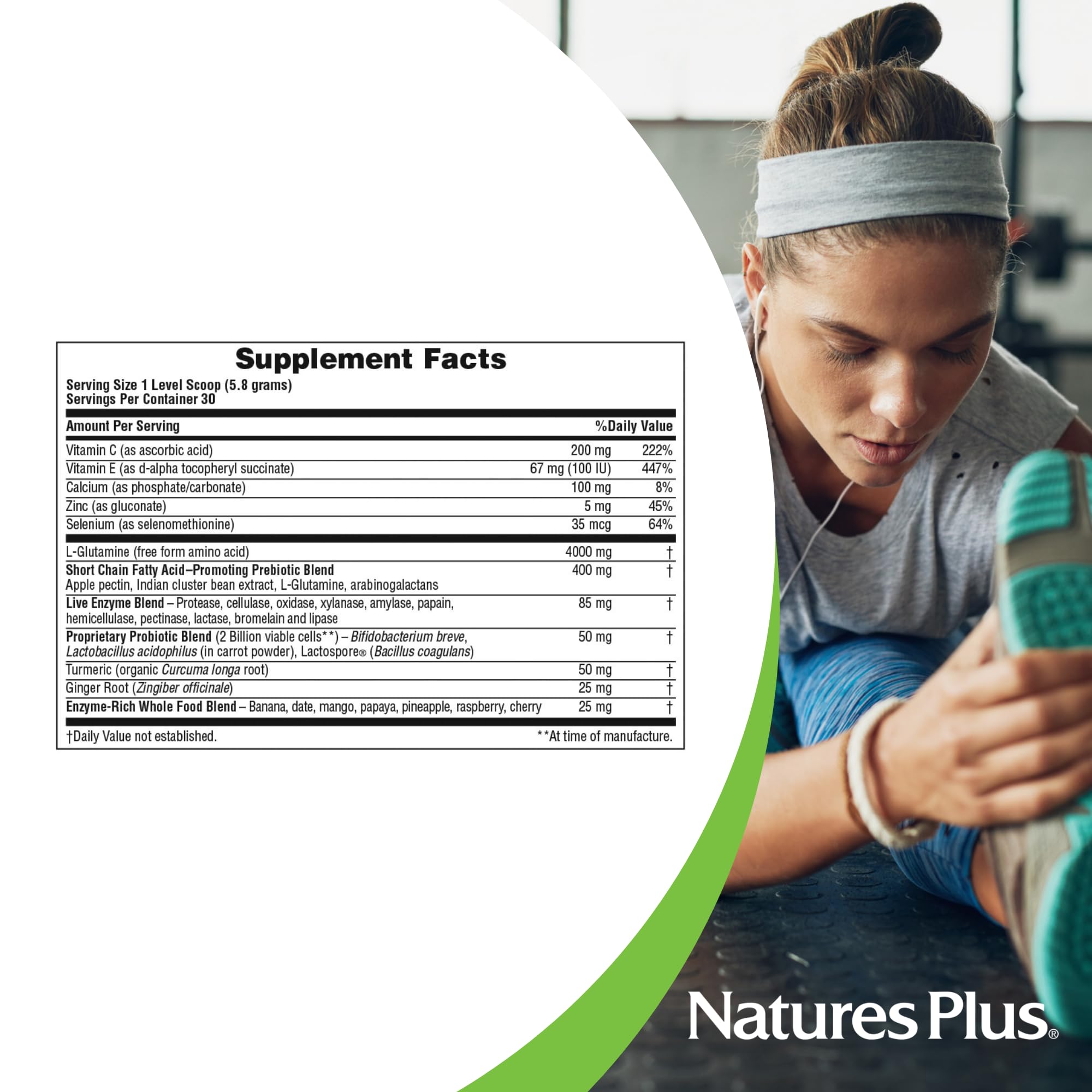 Close-up of Nature's Plus GI Natural Drink Powder label showing ingredients