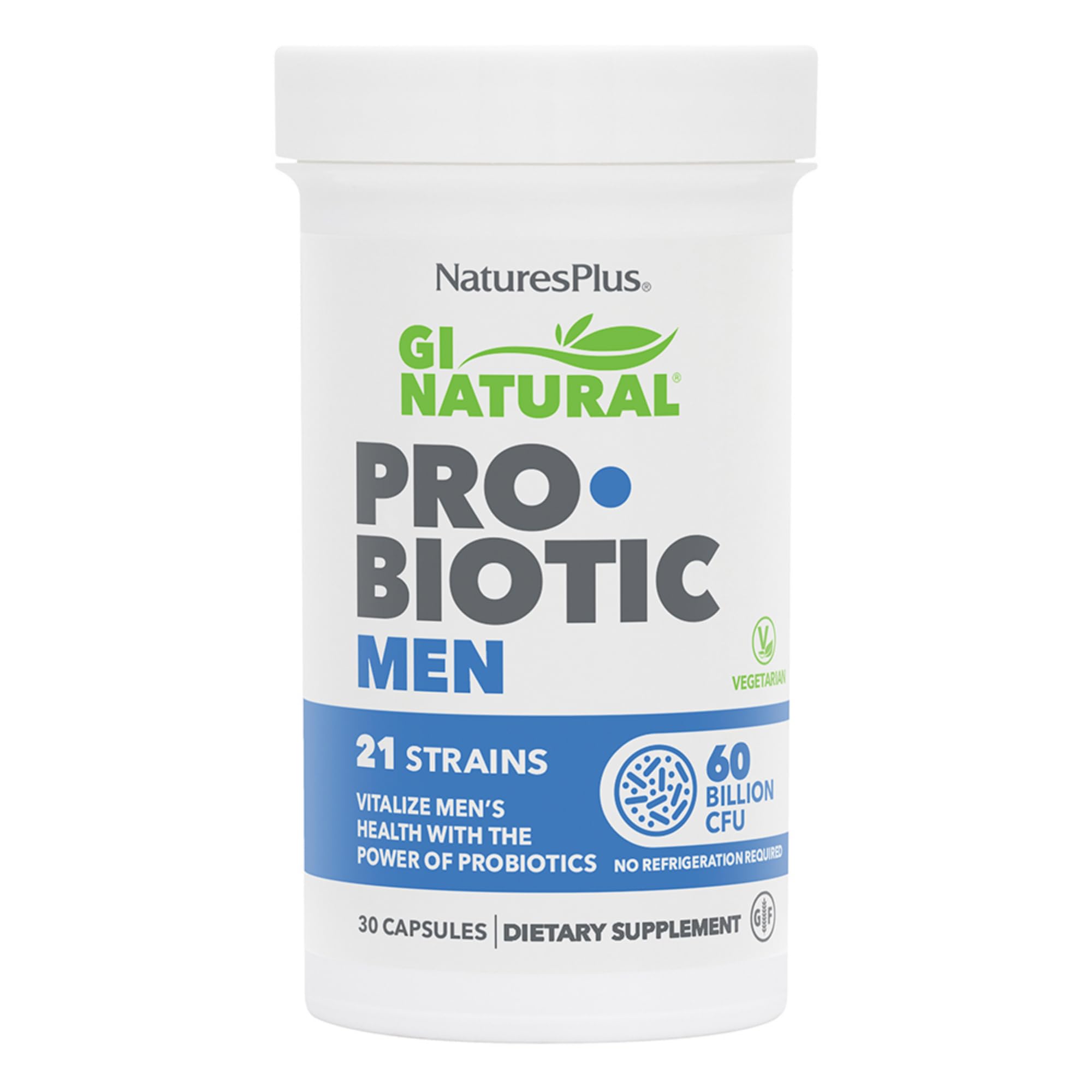 Nature's Plus GI Natural Probiotic Men bottle supports digestive balance and immune support.