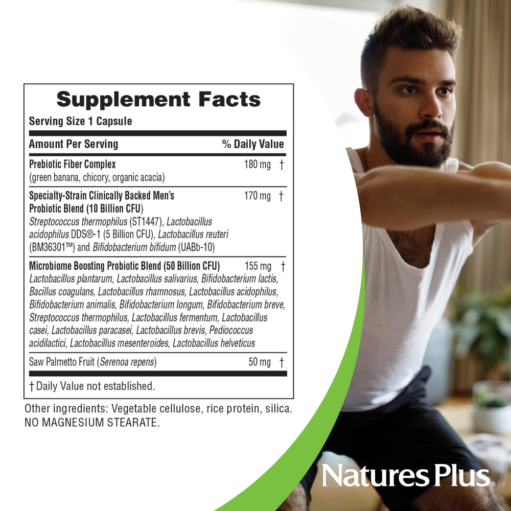 Nature's Plus probiotic men capsules shown for daily gut health and prostate support.
