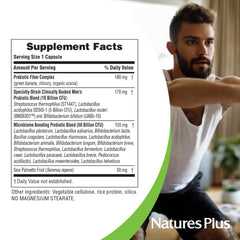 Nature's Plus probiotic men capsules shown for daily gut health and prostate support.