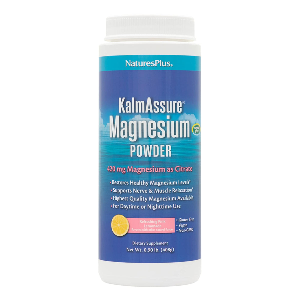 Nature's Plus KalmAssure magnesium powder tub with pink lemonade flavor for daily relaxation