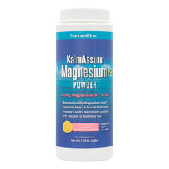Nature's Plus KalmAssure magnesium powder tub with pink lemonade flavor for daily relaxation
