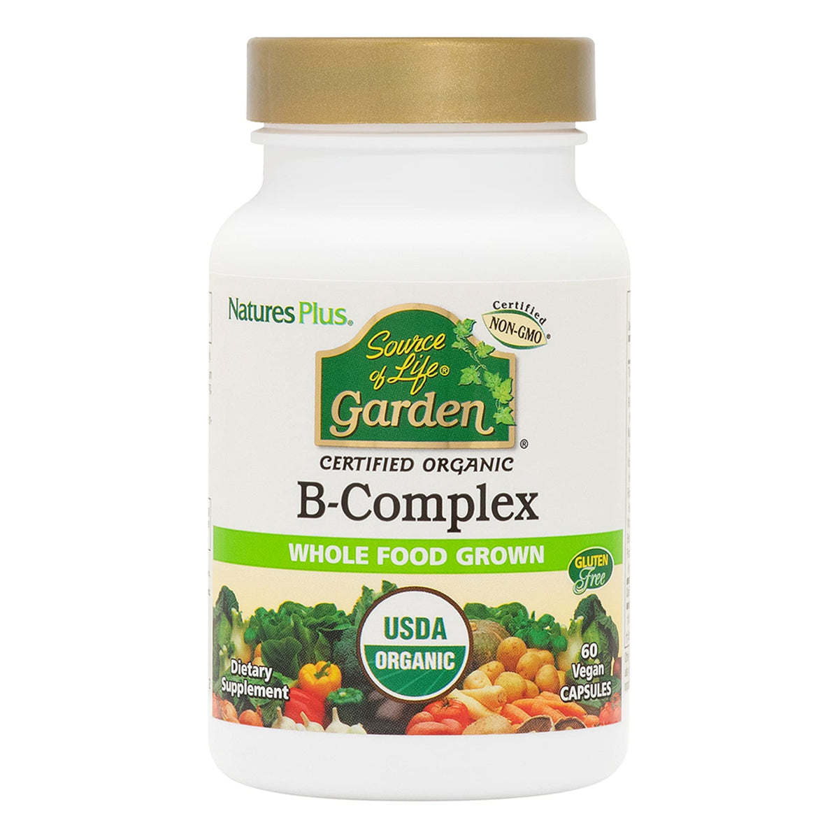 Nature's Plus Source of Life Garden B Complex capsules in a vegan bottle, ready for daily use