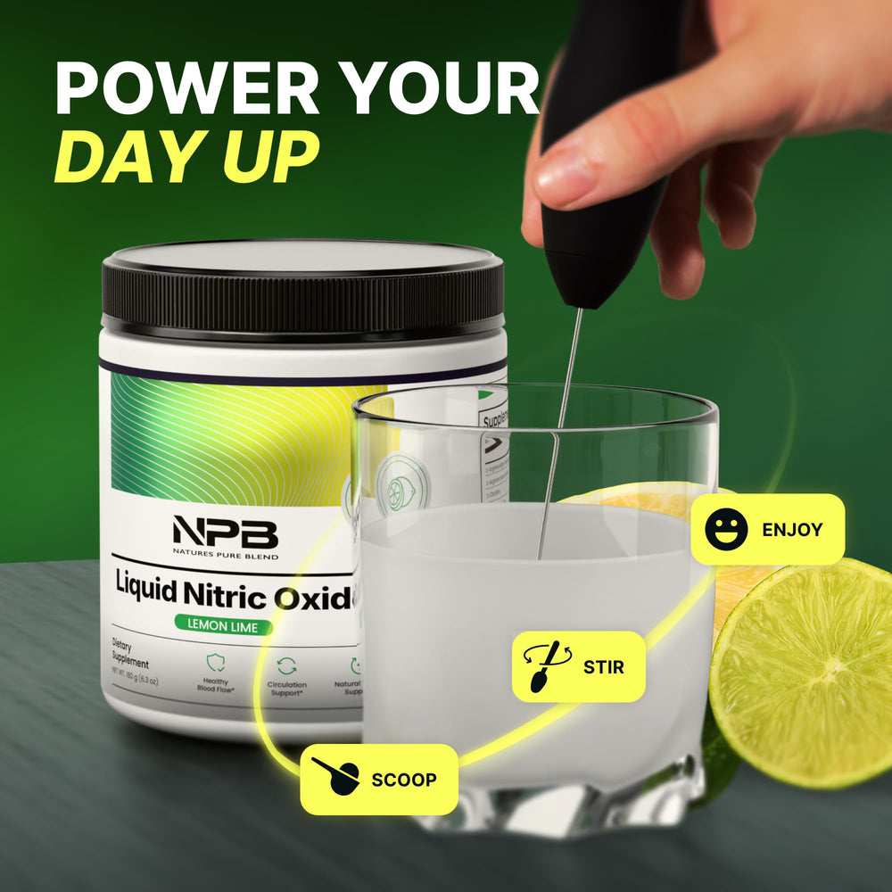 Nature's Pure Blend Liquid Nitric Oxide glass with beverage representing improved circulation.