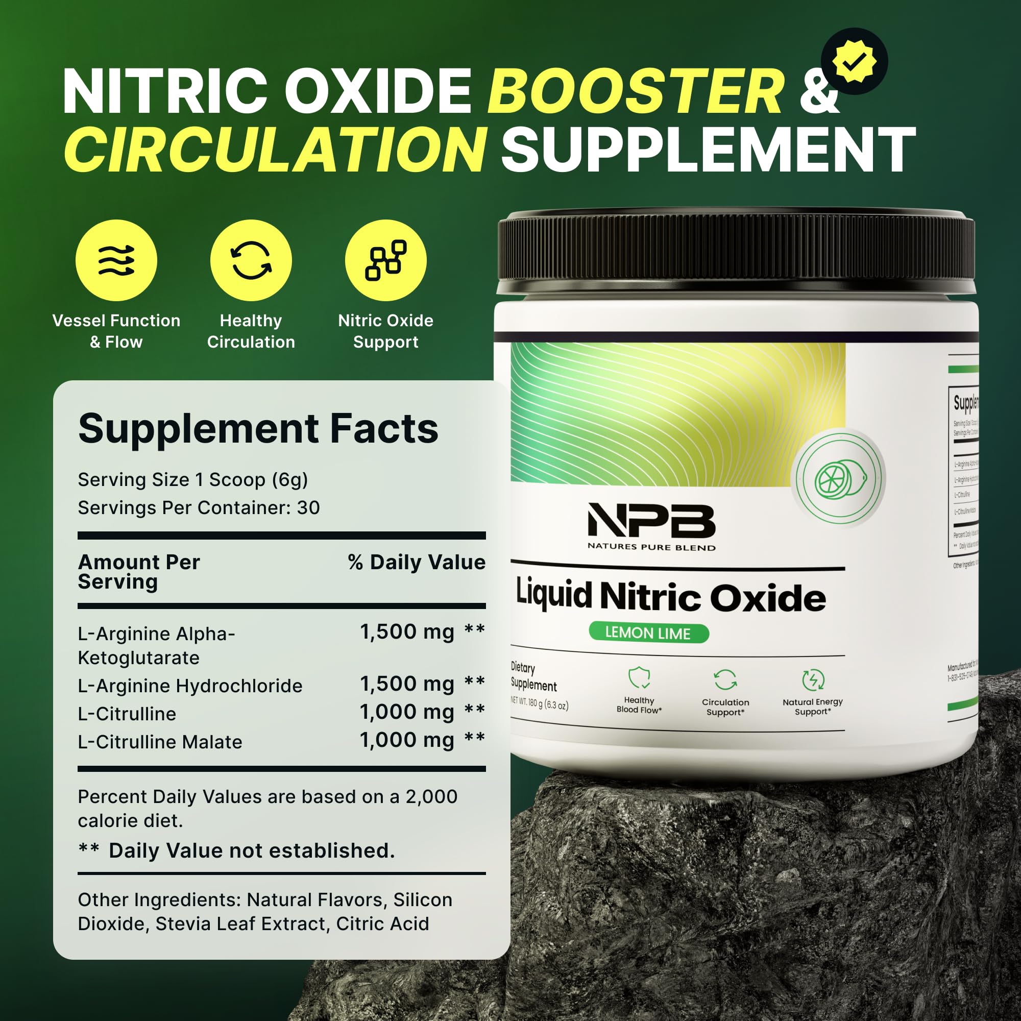 Nature's Pure Blend Liquid Nitric Oxide label close-up highlighting premium ingredients.