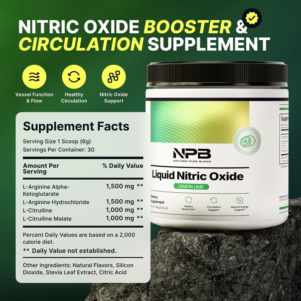 Nature's Pure Blend Liquid Nitric Oxide label close-up highlighting premium ingredients.