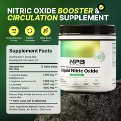 Nature's Pure Blend Liquid Nitric Oxide label close-up highlighting premium ingredients.