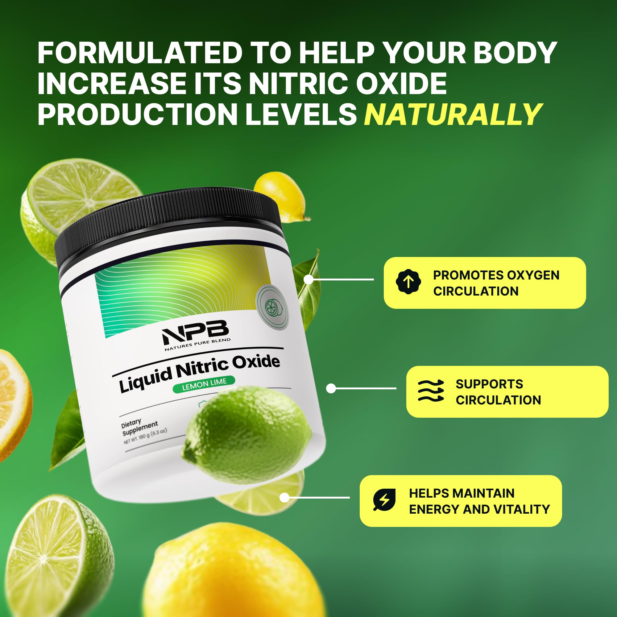 Nature's Pure Blend Liquid Nitric Oxide powder scoop in water for rapid absorption.