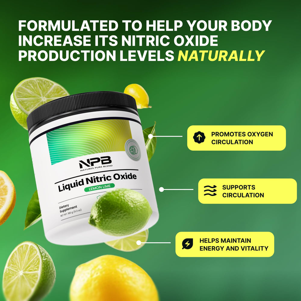 Nature's Pure Blend Liquid Nitric Oxide powder scoop in water for rapid absorption.
