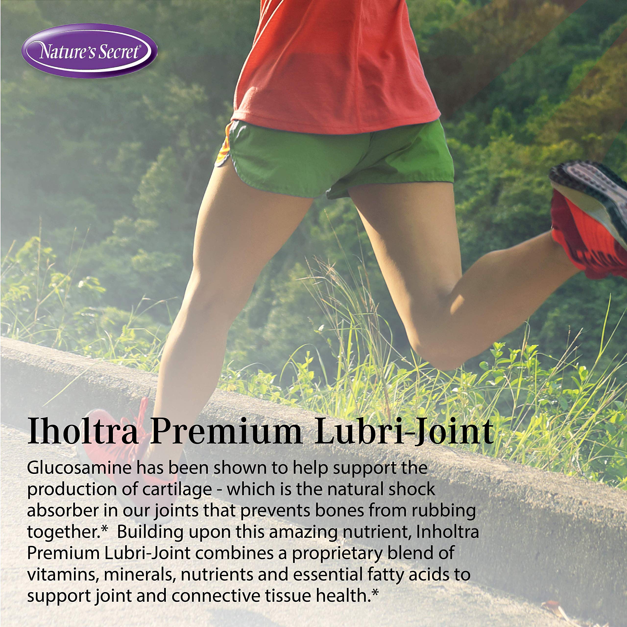 Nature's Secret Inholtra label close-up highlighting glucosamine and omega ingredients.