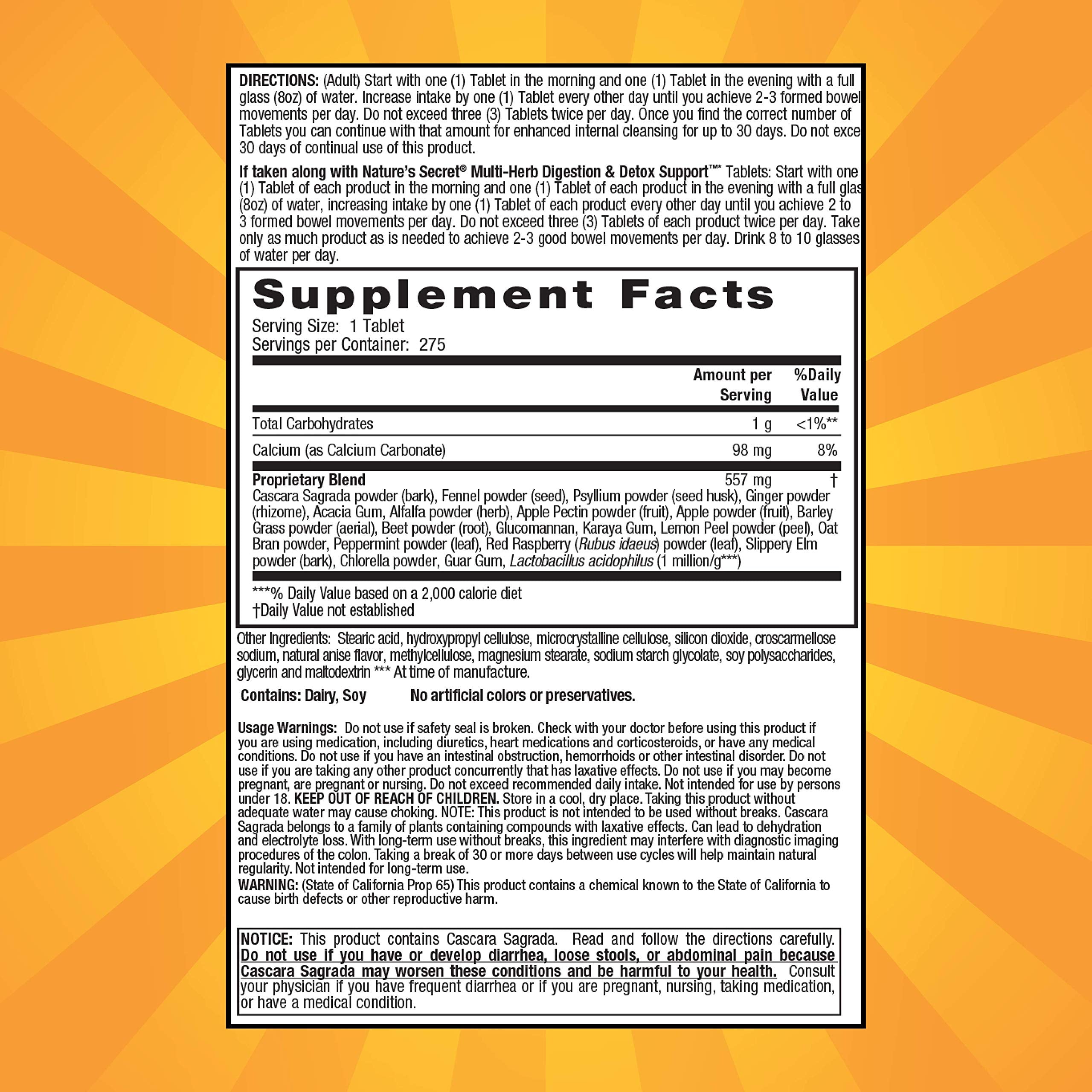 Nature's Secret Multi-Herb Colon Cleanse bottle back label, detailing fiber blend and probiotic support