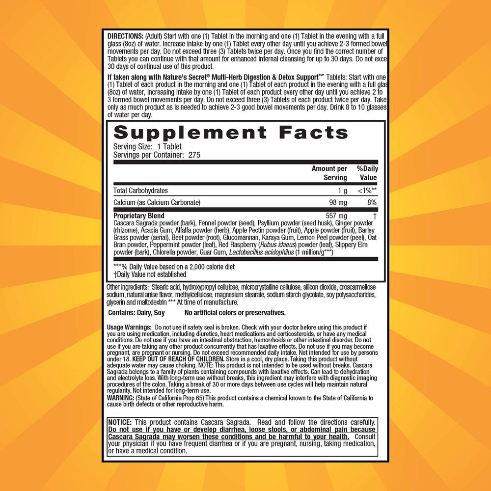 Nature's Secret Multi-Herb Colon Cleanse bottle back label, detailing fiber blend and probiotic support