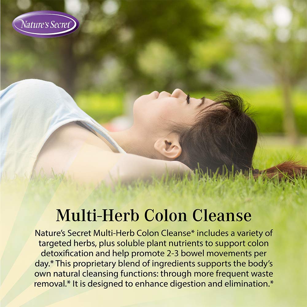 Nature's Secret Multi-Herb Colon Cleanse ingredients panel with psyllium, apple pectin, slippery elm