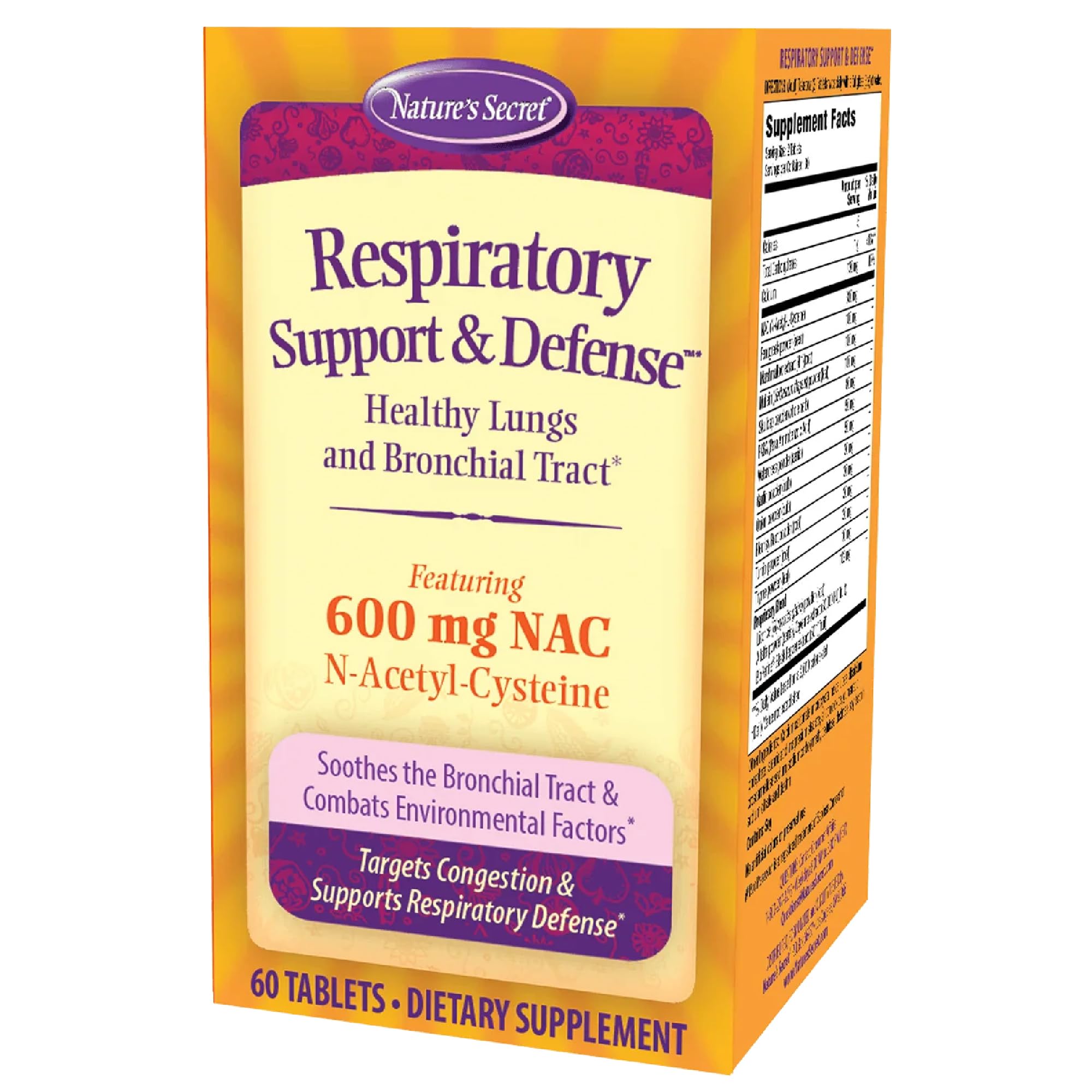 Nature's Secret Respiratory Support bottle showcases supplement form for daily wellness.