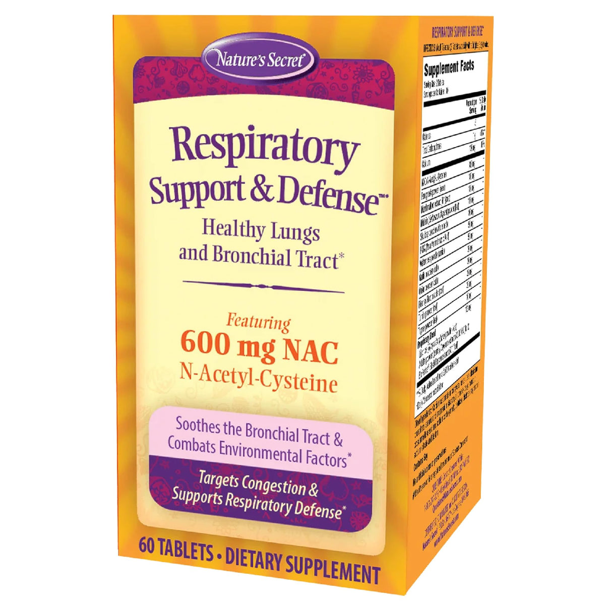 Nature's Secret Respiratory Support bottle showcases supplement form for daily wellness.