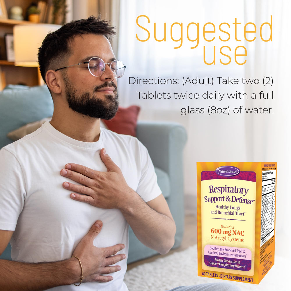 Nature's Secret Respiratory Support tablets closeup emphasizes easy, daily pill intake.