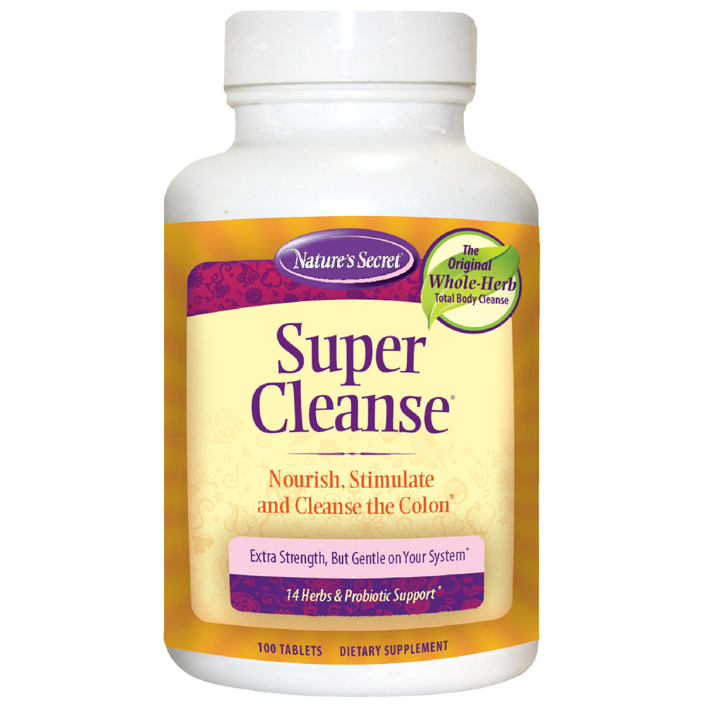 Nature's Secret Super Cleanse bottle-front view suggests a herbal-probiotic option for digestive balance.