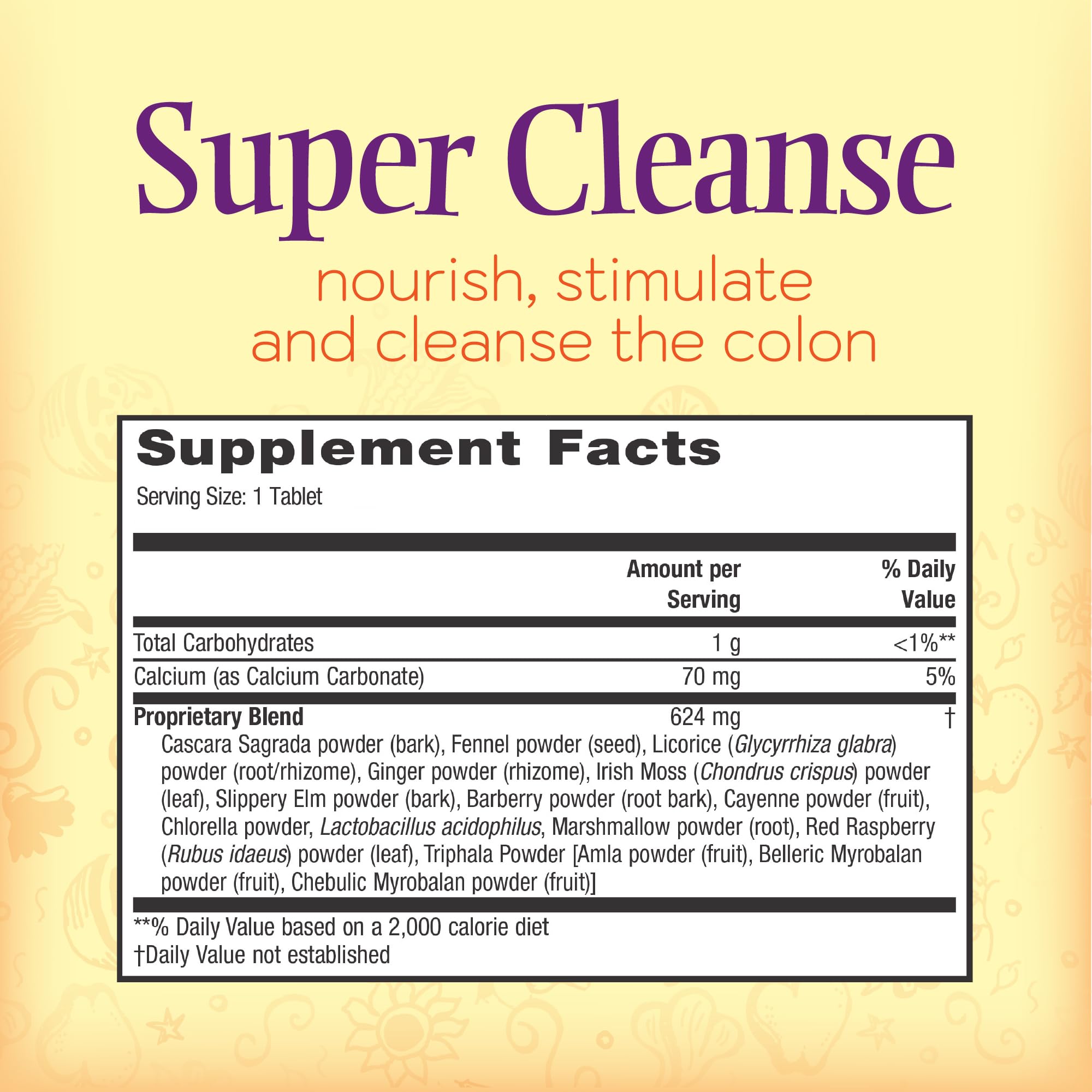 Nature's Secret Super Cleanse bottle-side view highlights a 100-tablet supply for a convenient wellness routine.