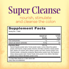 Nature's Secret Super Cleanse bottle-side view highlights a 100-tablet supply for a convenient wellness routine.