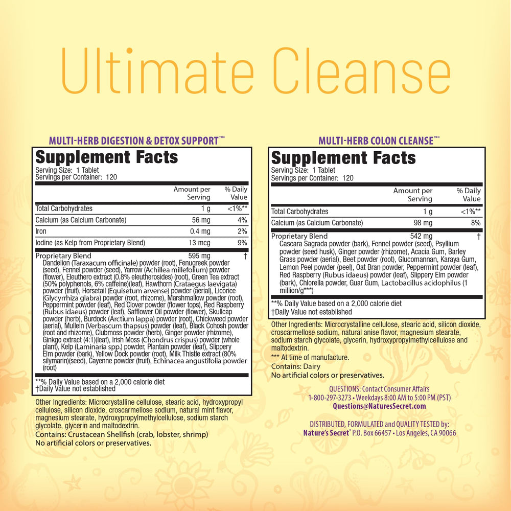 Nature's Secret Ultimate Cleanse detox support bottle label highlights herbal blend for wellness