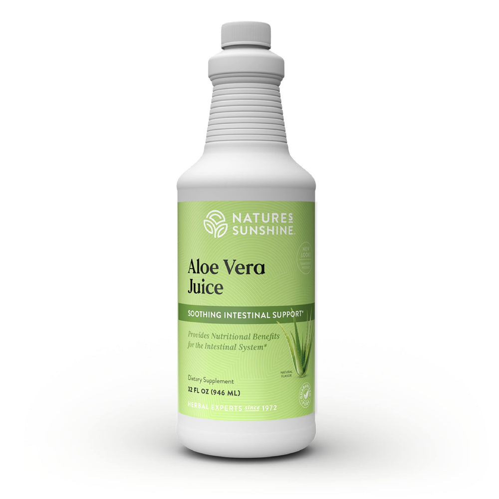 Nature's Sunshine Aloe Vera Juice 32 Oz bottle with clear label for daily internal use