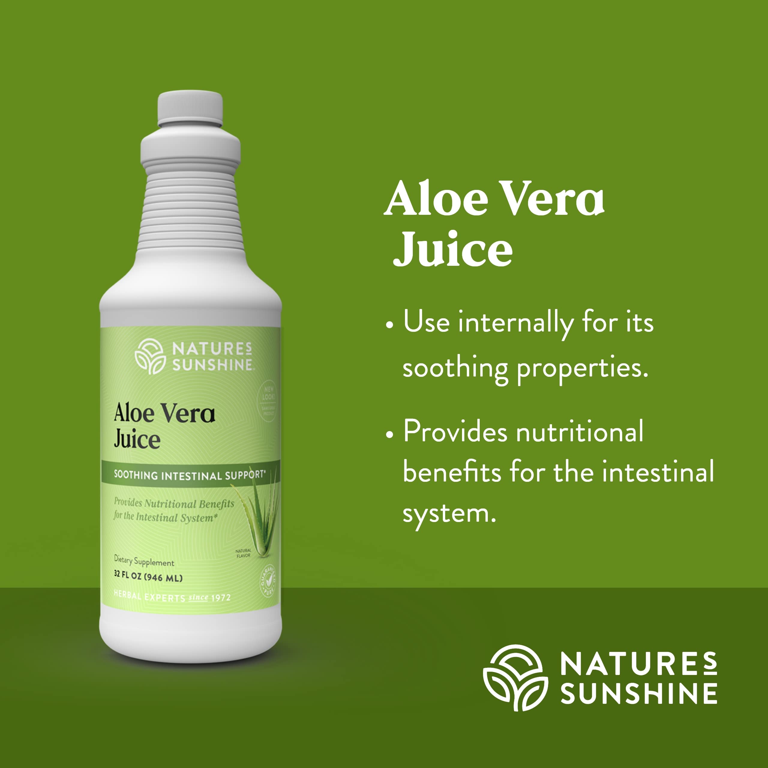 Nature's Sunshine Aloe Vera Juice poured into a glass showing a refreshing beverage