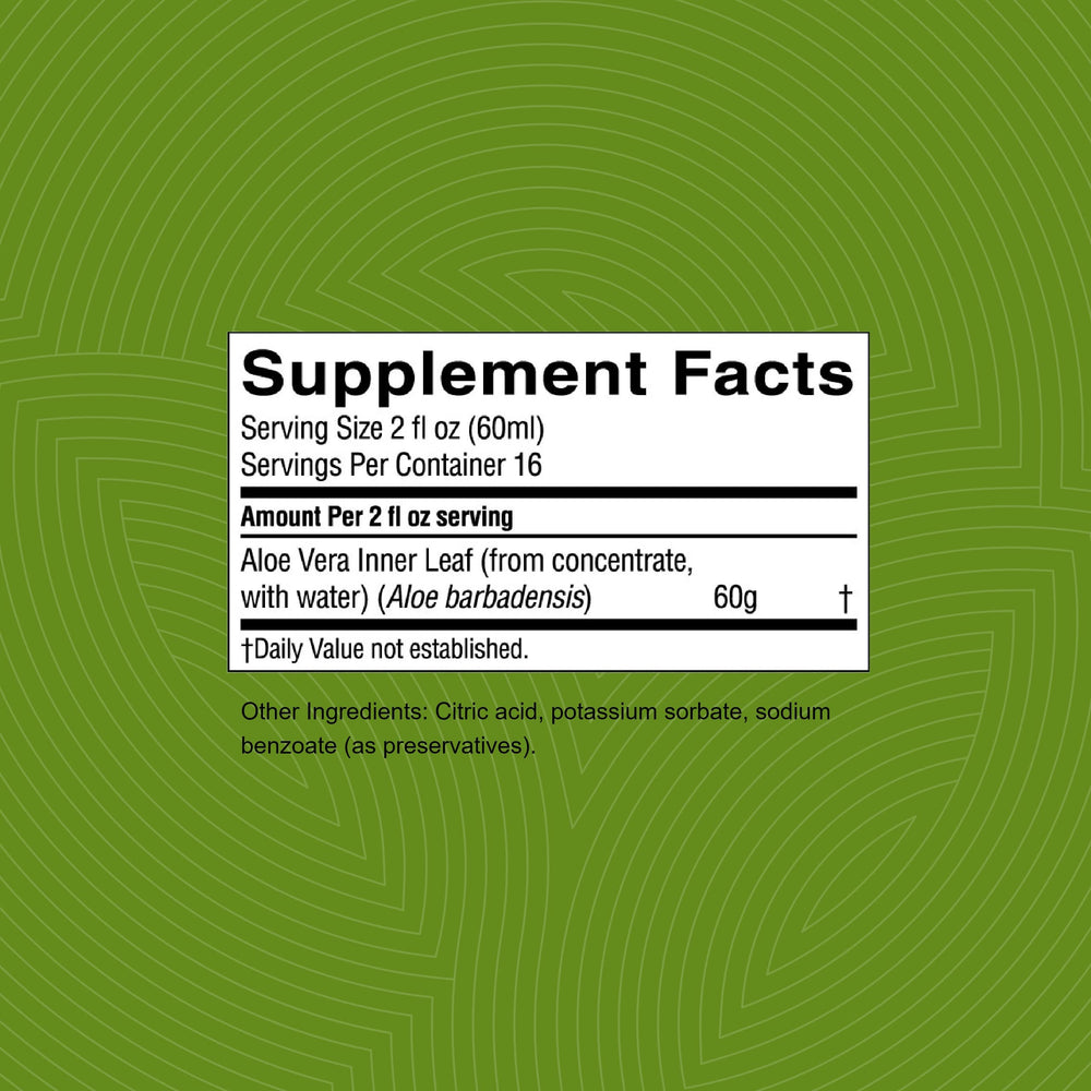 Label close-up of Nature's Sunshine Aloe Vera Juice highlighting organic inner leaf concentrate