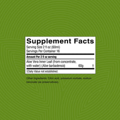 Label close-up of Nature's Sunshine Aloe Vera Juice highlighting organic inner leaf concentrate