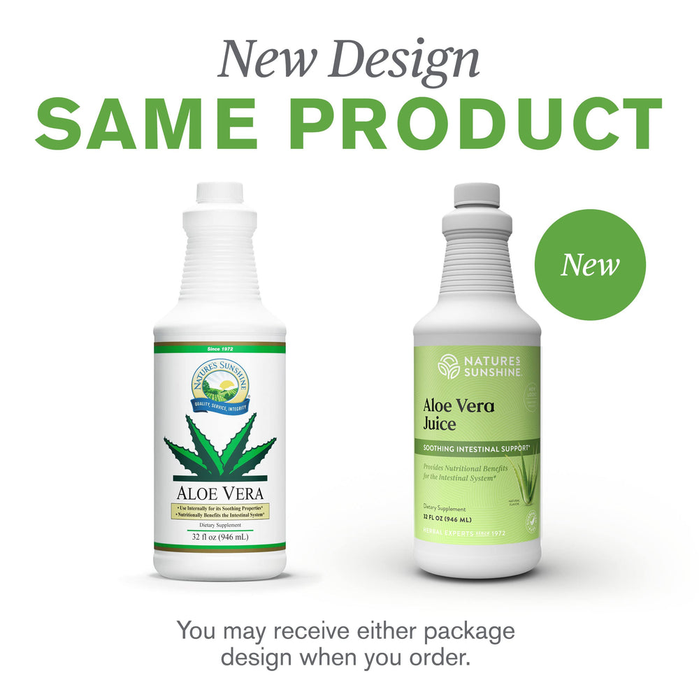 Nature's Sunshine Organic Aloe Vera Juice packaging highlighting purity